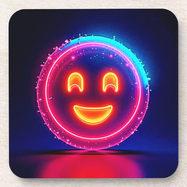Neon Smile: Bright Happy Glow Design Beverage Coaster (Front)