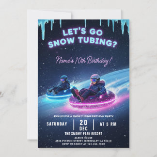 Neon Snow Tubing Birthday Invitation Winter Party