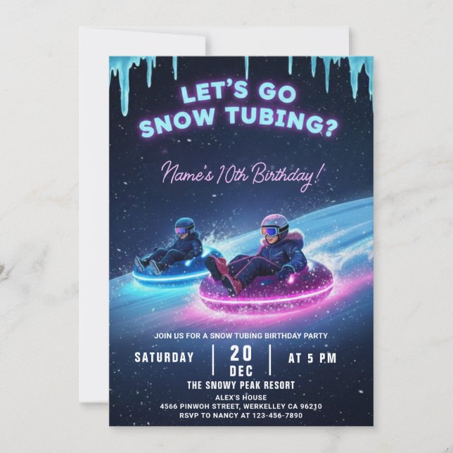 Neon Snow Tubing Birthday Invitation Winter Party (Front)