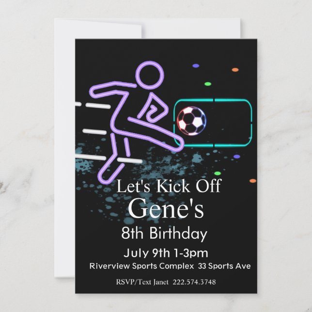 Neon Soccer Birthday, Football Birthday, Futbol  Invitation (Front)