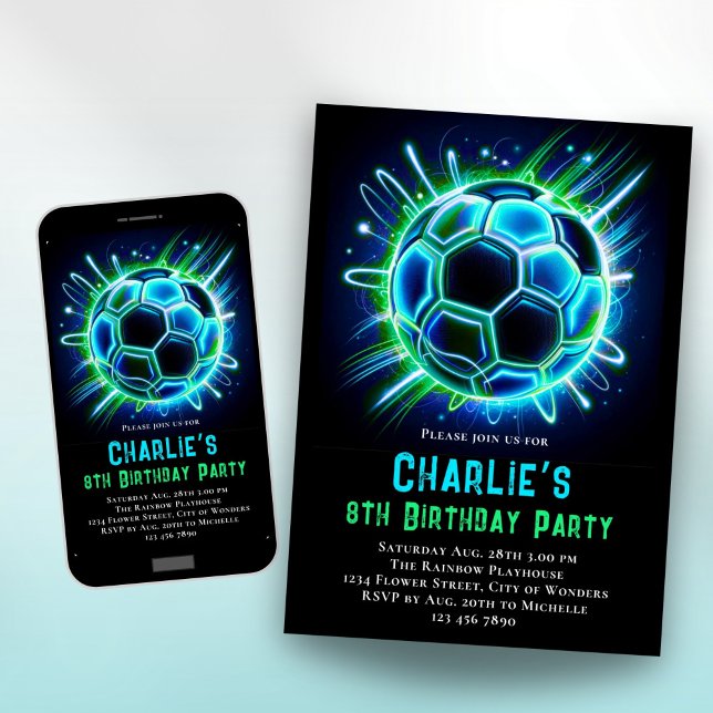 Neon Soccer Birthday Invitation Boys Neon Soccer (Creator Uploaded)