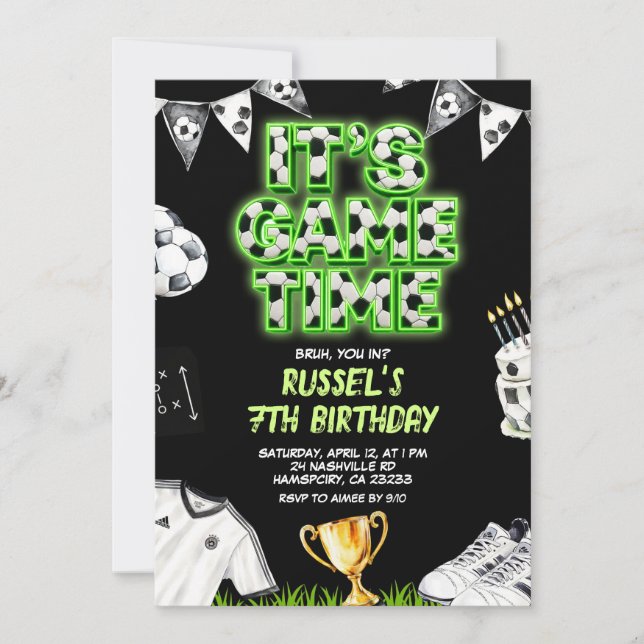 Neon Soccer Game time Birthday Invitation (Front)
