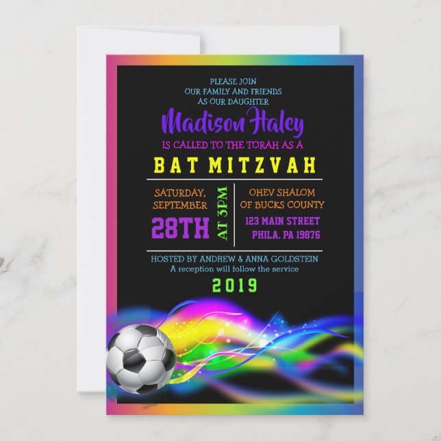 NEON SOCCER GIRLS Bat Mitzvah Invitation (Front)