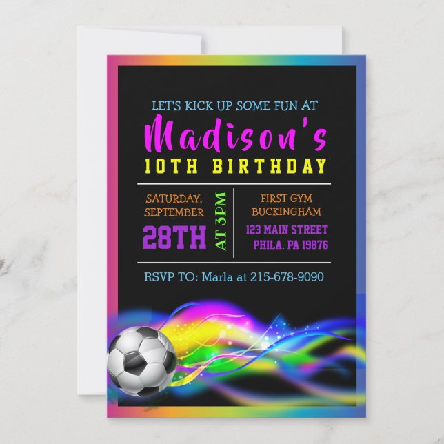 NEON SOCCER GIRLS Birthday Party Girls Invitation (Front)