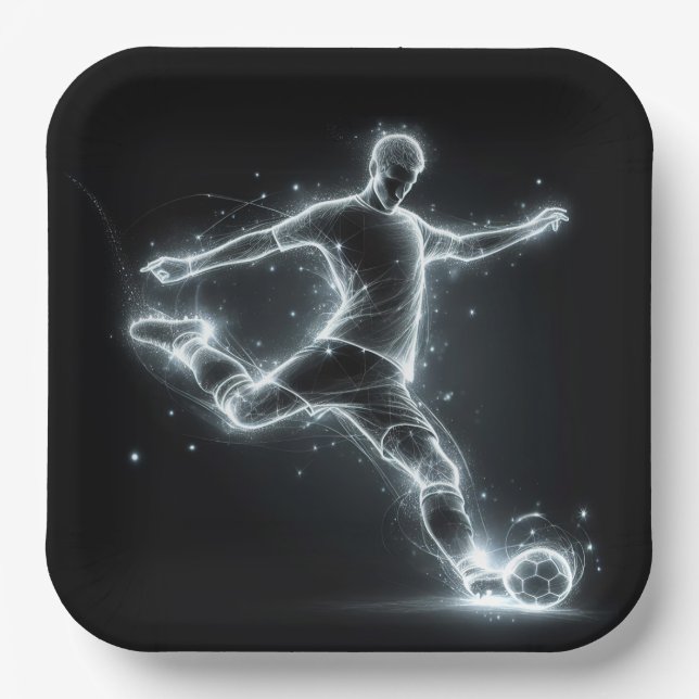 Neon Soccer Player On Black Paper Plates (Front)