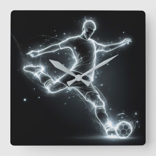 Neon Soccer Player On Black Square Wall Clock