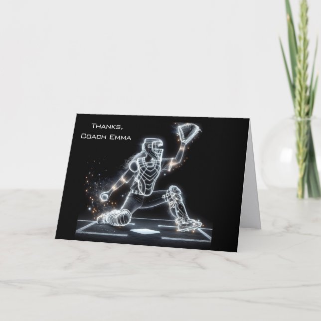 Neon Softball Catcher For Coach Thank You Card (Front)