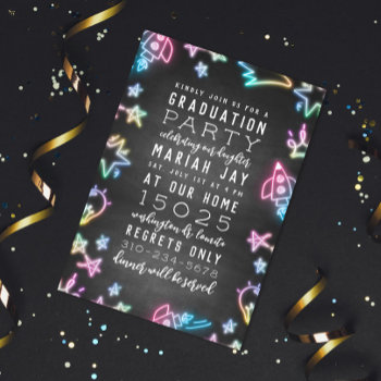 Neon Space Doodles Graduation Party Invitation by beckynimoy at Zazzle