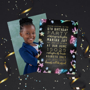 Neon Space Doodles Kids Birthday Party Foil Invitation