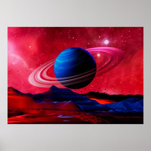 Neon space landscape Saturn Poster