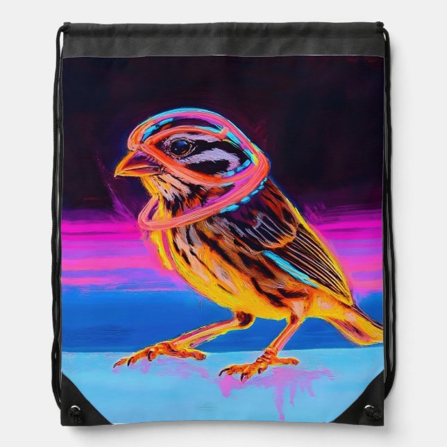 Neon Sparrow with Glowing Accents Drawstring Bag (Front)
