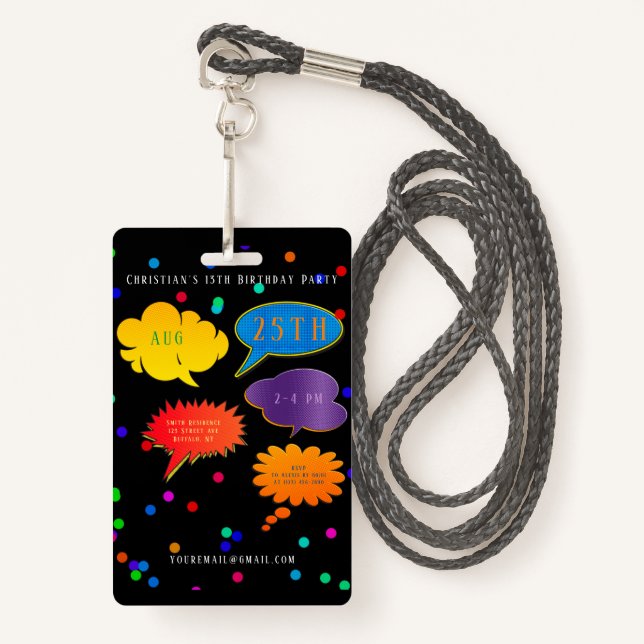 Neon Speech Bubble Boy Girl Birthday Party Invitat Badge (Front with Lanyard)