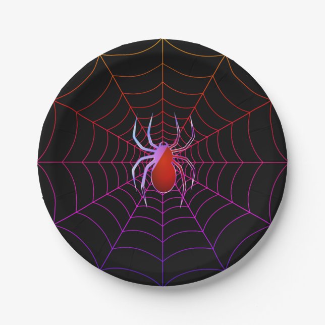 Neon spider and spiderweb paper plates (Front)