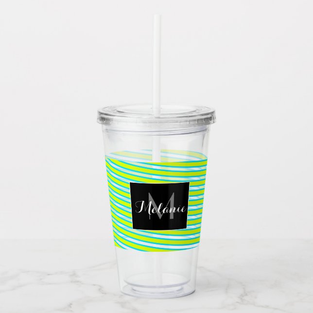 Neon Spiral Ribbon Stripes Monogram Custom Name Acrylic Tumbler (Front)