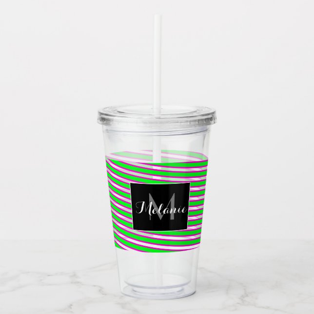 Neon Spiral Ribbon Stripes Monogram Custom Name Acrylic Tumbler (Front)