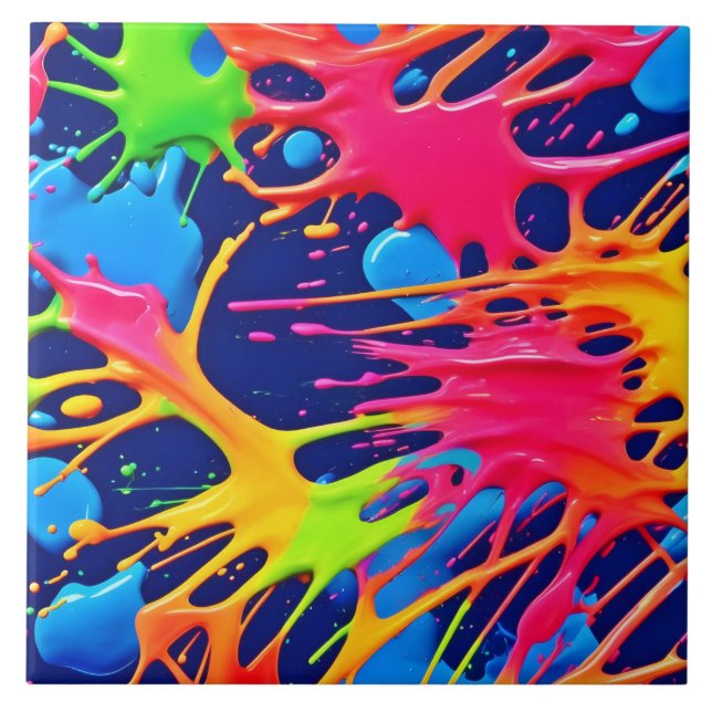 Neon Splatter: Abstract Vibrant Art Ceramic Tile (Front)