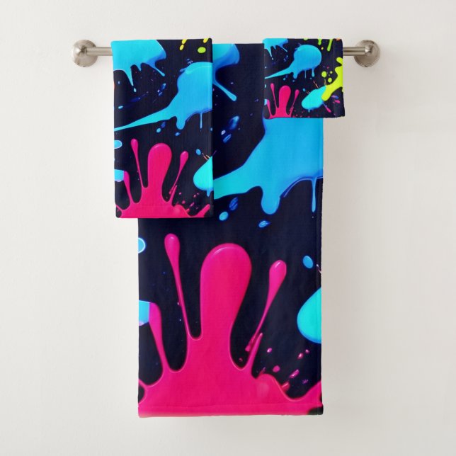 Neon Splatter Art: Vibrant Abstract Expressionism Bath Towel Set (Insitu)