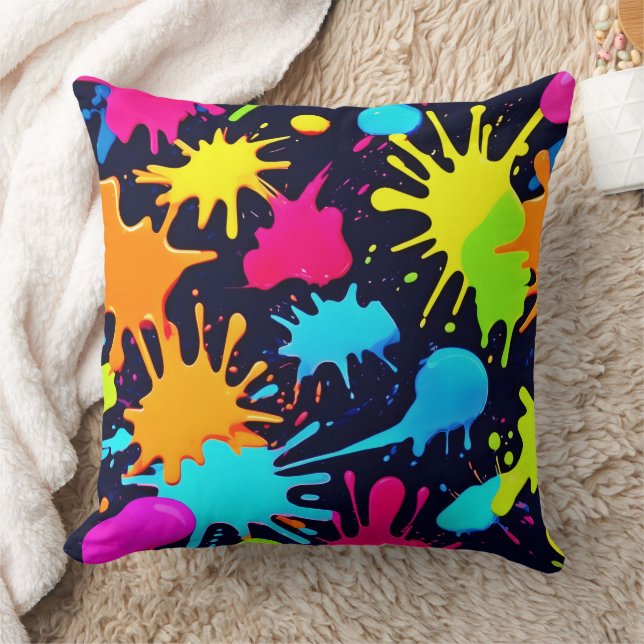 Neon Splatter Art: Vibrant Abstract Expressionism Throw Pillow (Blanket)