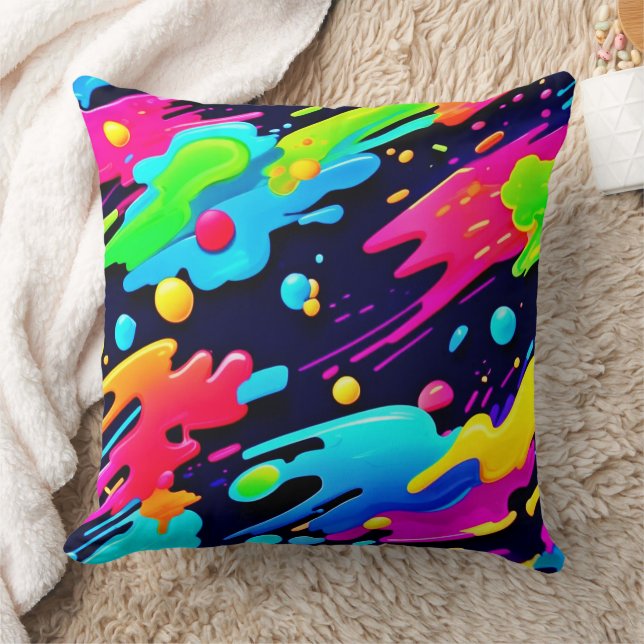 Neon Splatter Flow Art Throw Pillow (Blanket)