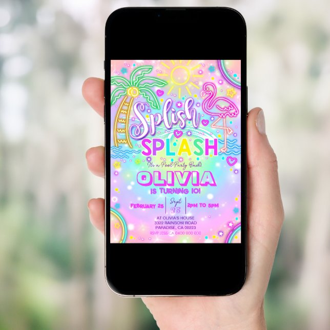 Neon Splish Splash Pool Party Invitation (Front Digital)