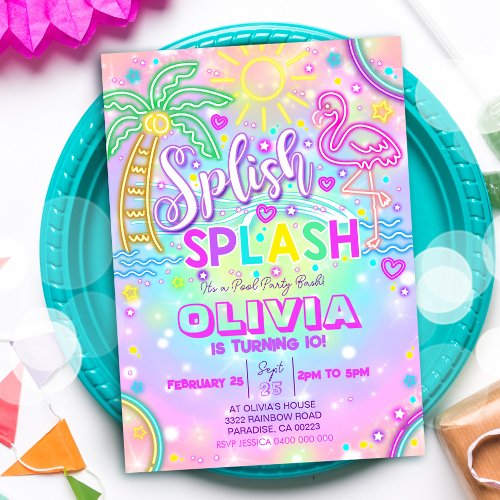 Neon Splish Splash Pool Party Invitation