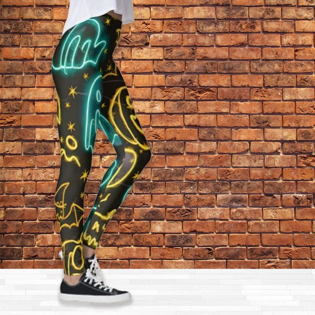 Neon Spooky Halloween Ghost Bats Pumpkins Pattern Leggings (Creator Uploaded)