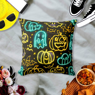 Neon Spooky Halloween Ghost Bats Pumpkins Pattern Throw Pillow