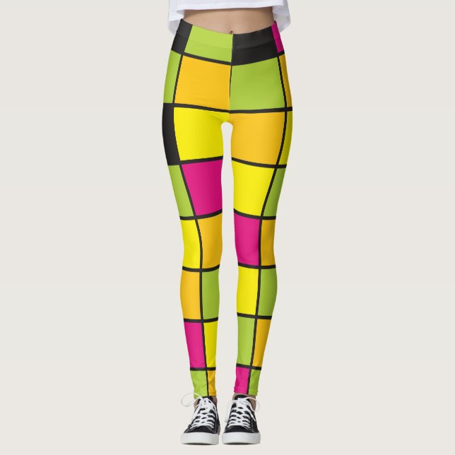 Neon Squares Pattern Colorful  Leggings (Front)