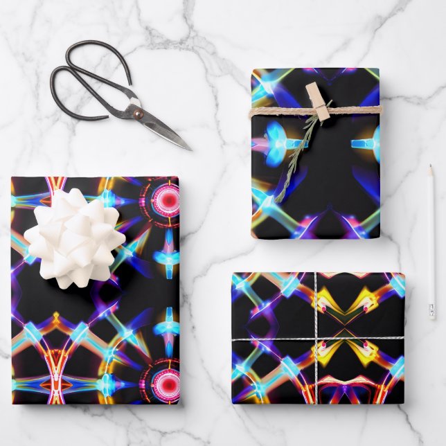 Neon Starburst Kaleidoscope Wrapping Paper Sheets (Front)
