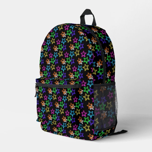 Neon Stars On Black Printed Backpack (Back Corner Right)