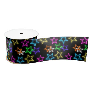 Neon Stars On Black Satin Ribbon