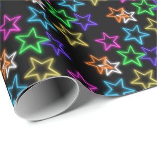 Neon Stars On Black Wrapping Paper