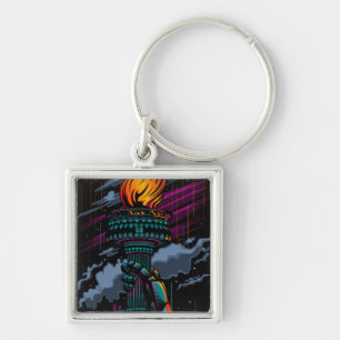 Neon Statue of Liberty Rain Art New York City Glow Keychain