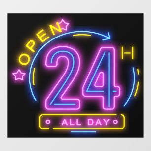 Neon Stores open 24 hours Window Cling