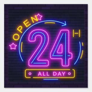 Neon Stores open 24 hours Window Cling Sign