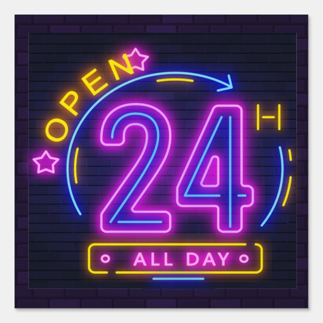 Neon Stores open 24 hours  Window Cling Sign (Front)