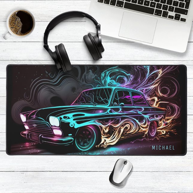 Neon Street Race Vintage Car Personalized Name Desk Mat (Creator Uploaded)