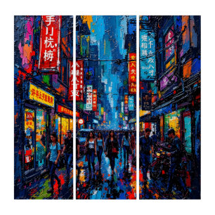 Neon Streets Triptych Wall Art Oil Painting Style