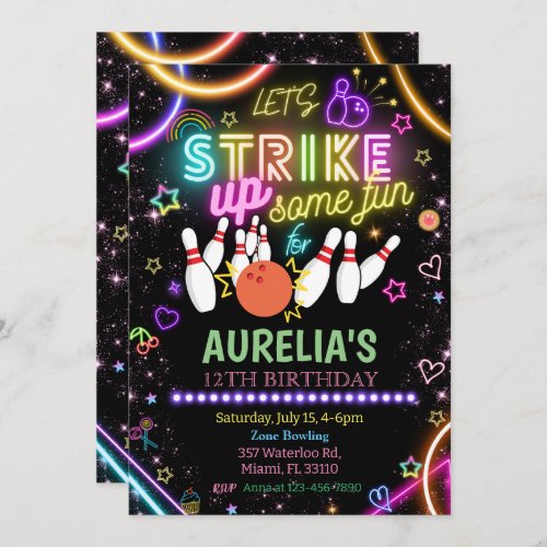 Neon Strike Bowling Party Birthday Invitation