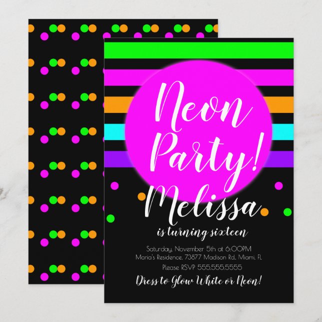 Neon Stripes Crazy Neon Glow In The Dark Party Invitation (Front/Back)