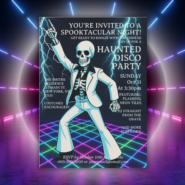 Neon Style Retro Disco Halloween Party Invitation (Neon UV Style Retro Disco Halloween Party Invitation)