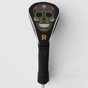 Neon Sugar Skull Day of the Dead Monogram Initial Golf Head Cover