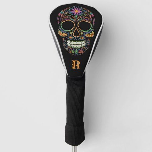 Neon Sugar Skull Day of the Dead Monogram Initial Golf Head Cover