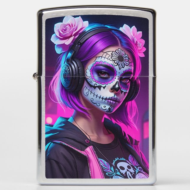 Neon Sugar Skull Girl Zippo Lighter (Front)