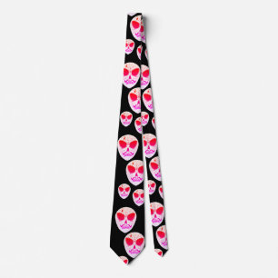 Neon Sugar Skull Pattern Halloween Black Neck Tie