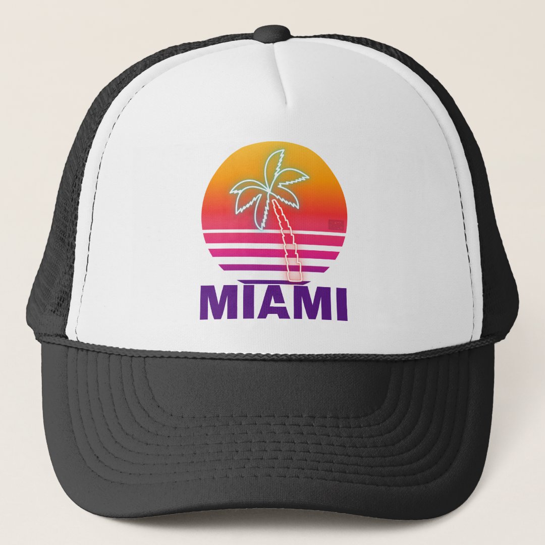 Neon Summer Sunset Beach Palm Tree Proud Miami Trucker Hat | Zazzle