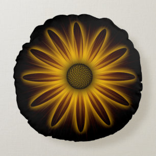 Neon Sunflower Design On Black Round Pillow