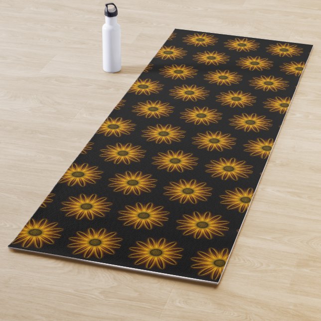 Neon Sunflower Design On Black   Yoga Mat (In Situ)