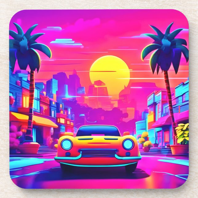 Neon Sunset City Drive Beverage Coaster (Front)