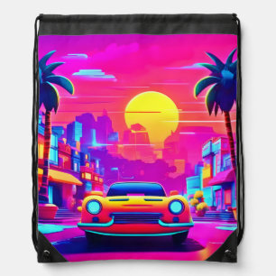 Neon Sunset City Drive Drawstring Bag